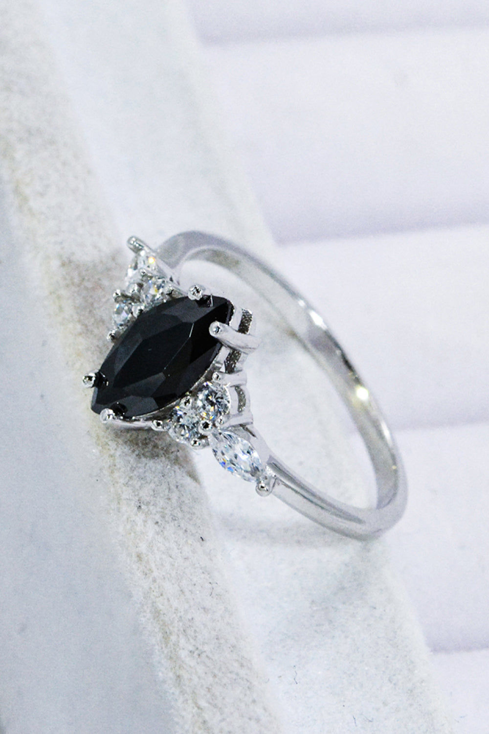 Savell™ | Premierify™ Black Agate Marquise Ring in Platinum Finish