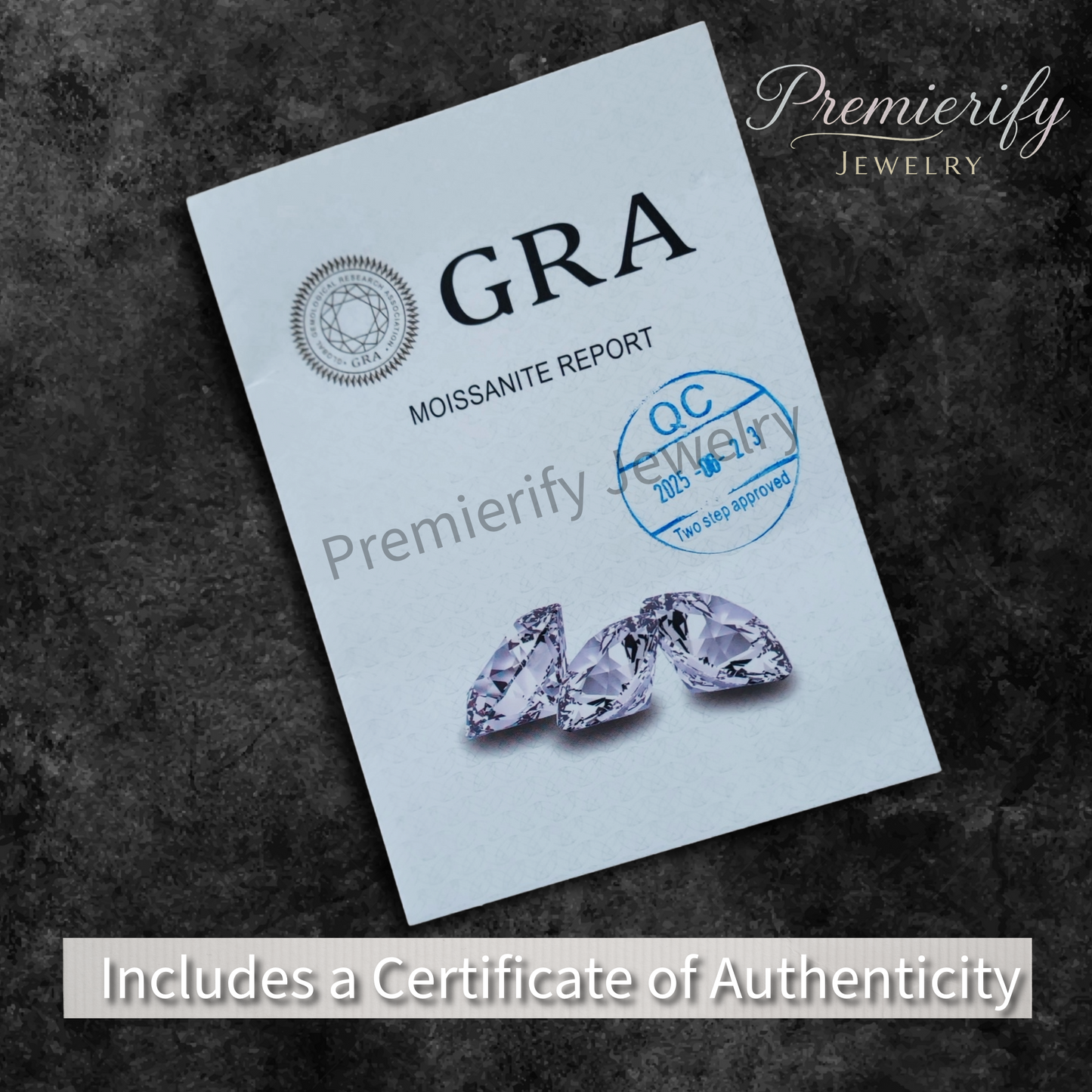 GRA Moissanite report card with Premierify Jewelry branding on a dark textured background