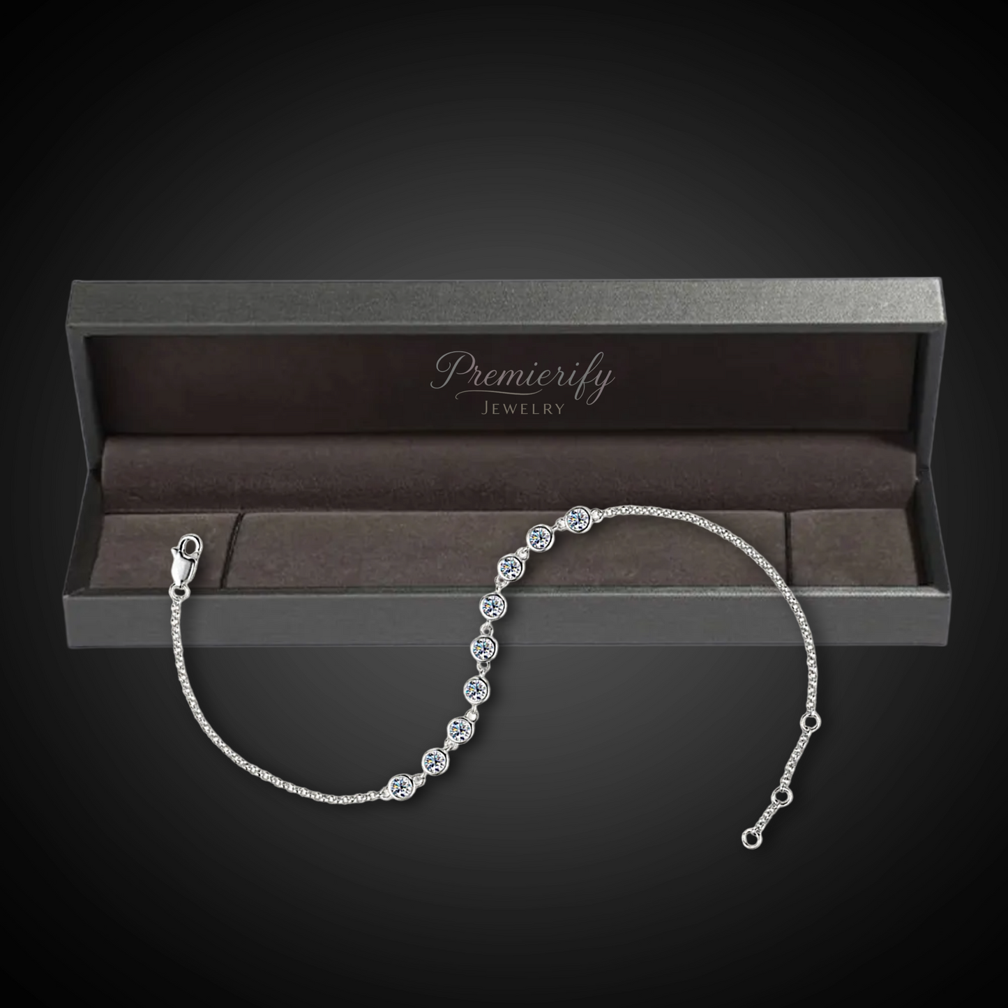 Silver bracelet in a Premierify Jewelry box on a black background