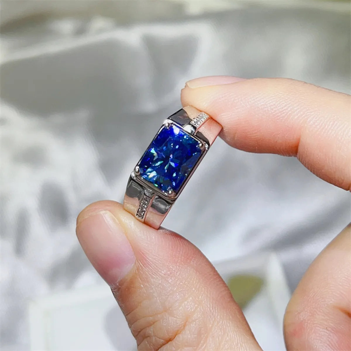Premierify, brushed sterling silver, statement ring, 2-carat moissanite, side stones, certificate, free shipping.