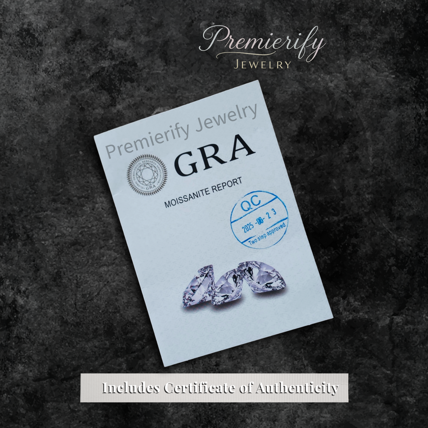Premierify Jewelry moissanite report card with two diamonds on a dark textured background.