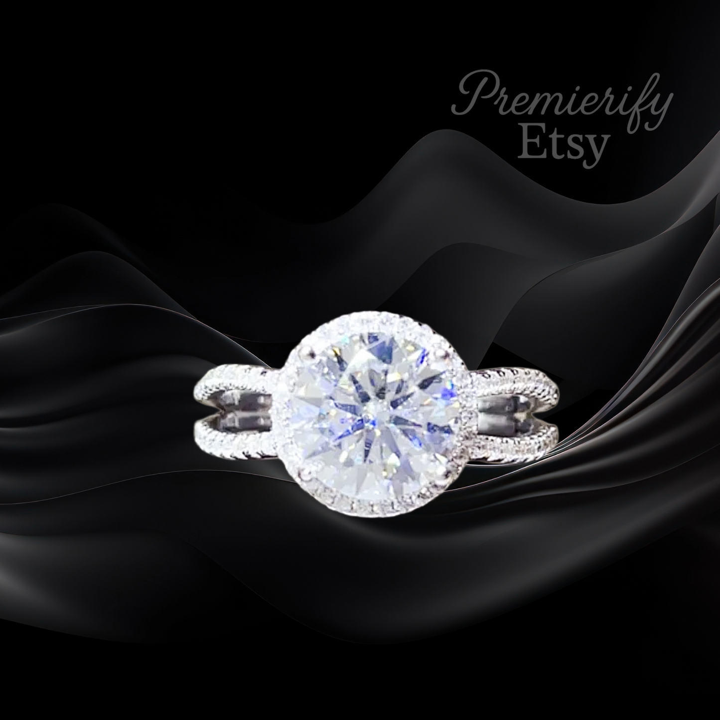 Diamond ring on black fabric with 'Premierify Etsy' branding