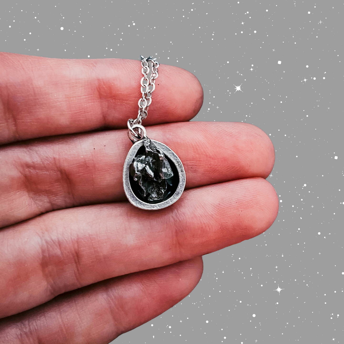 Small Teardrop Meteorite – Silver Cosmic Pendant Necklace