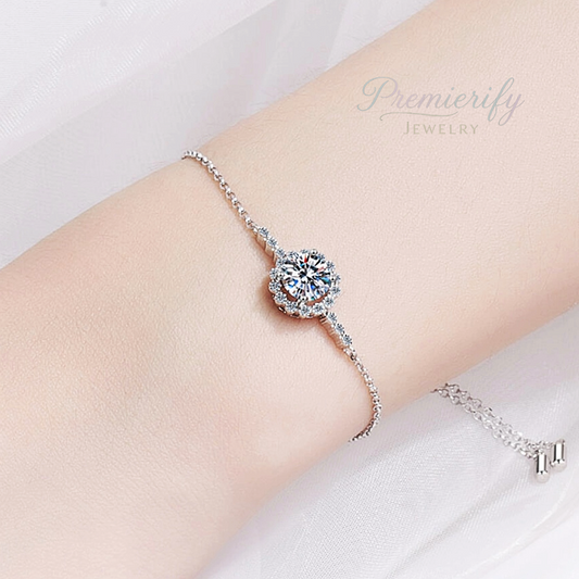 Silver bracelet with a large central gemstone on a wrist, branded 'Premierify Jewelry'.