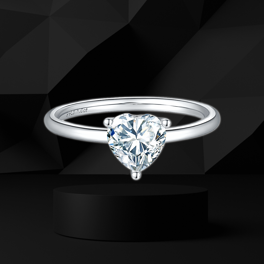 Premierify™ 1 ct moissanite engagement ring in heart cut, platinum-plated 925 sterling silver.