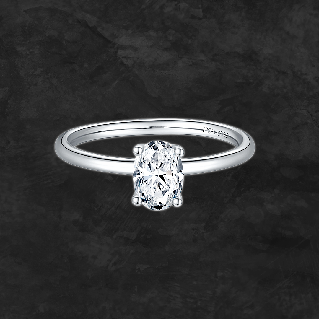 Premierify™ 1 ct moissanite engagement ring in oval cut, platinum-plated 925 sterling silver.