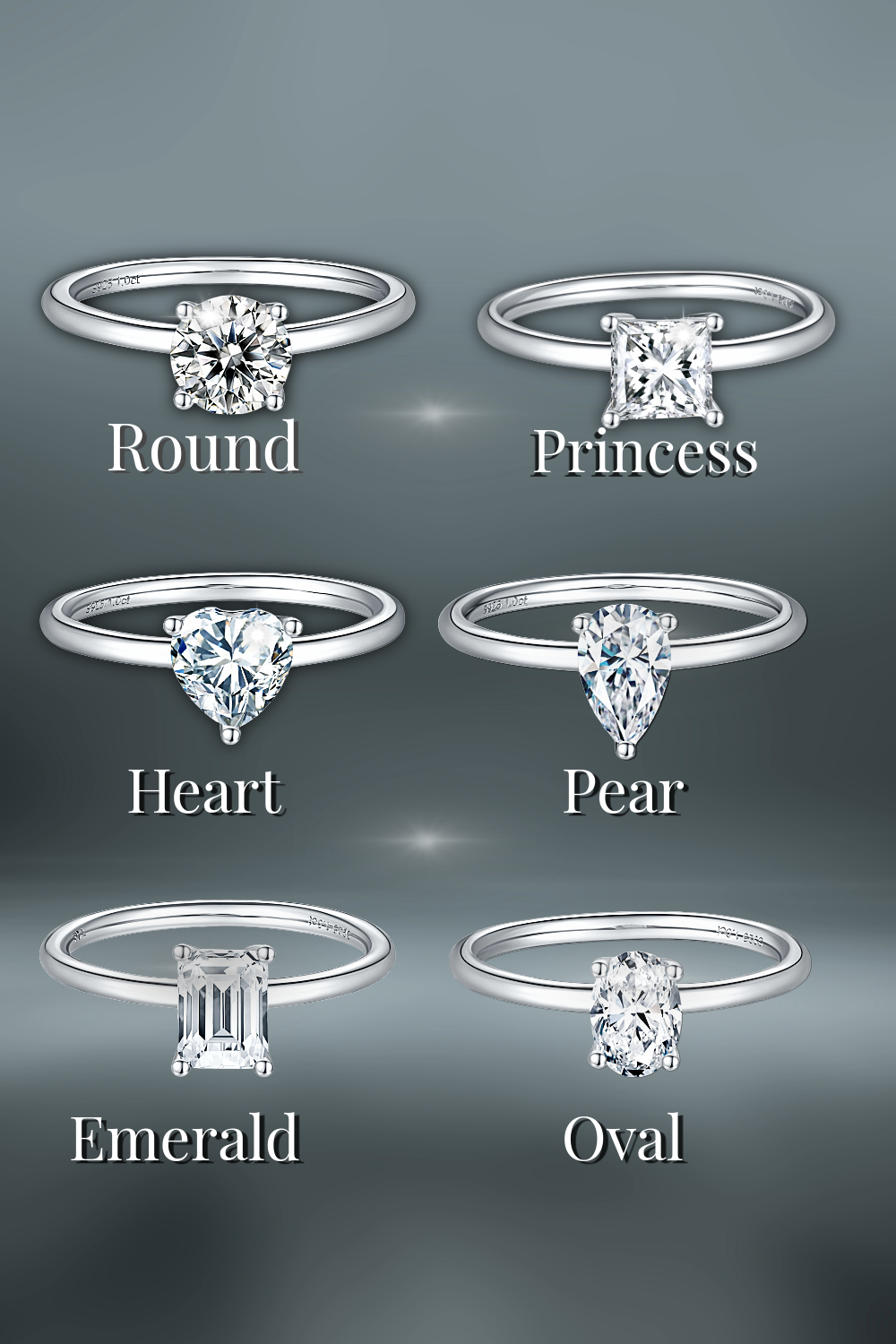 Premierify™ 1 ct moissanite engagement ring in various cuts, platinum-plated 925 sterling silver ring.