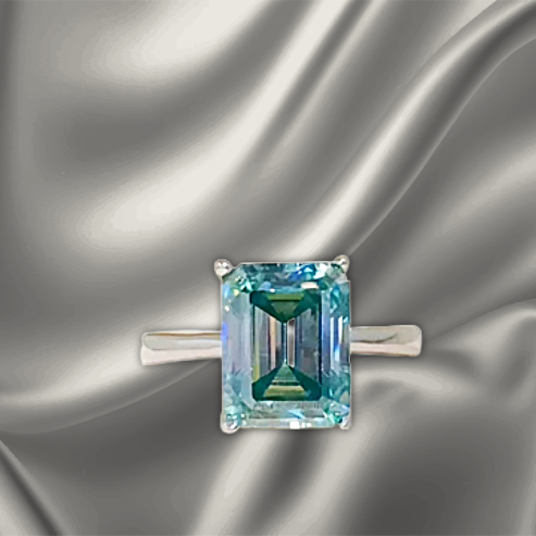 Sovereign Glow 2 Ct.Blue Emerald-Cut Certified Moissanite Ring in 925