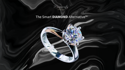 Moissanite engagement ring on black marble background with text 'The Smart Diamond Alternative