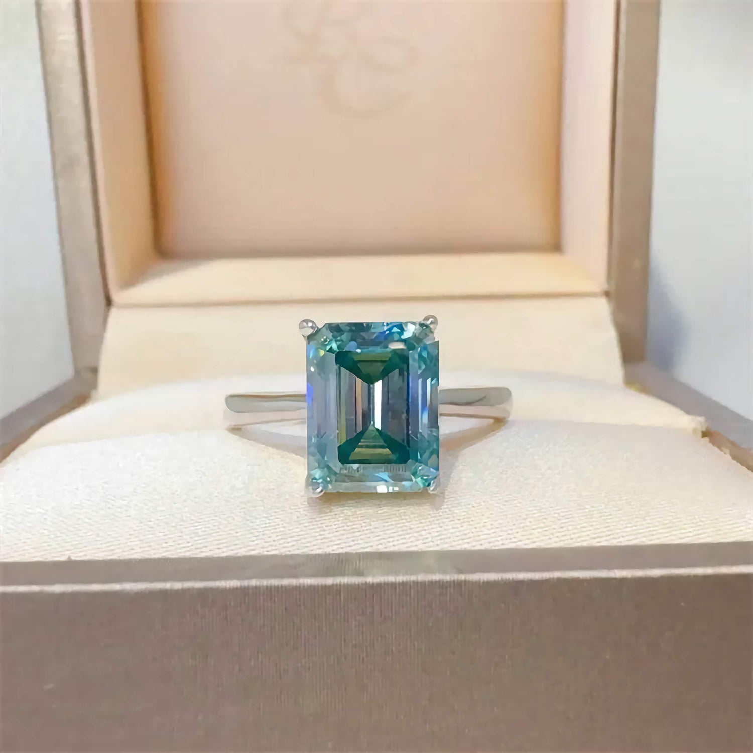 Premierify™ Sovereign Glow ring – emerald-cut moissanite engagement ring set in platinum-plated 925 sterling silver with 4-prong design