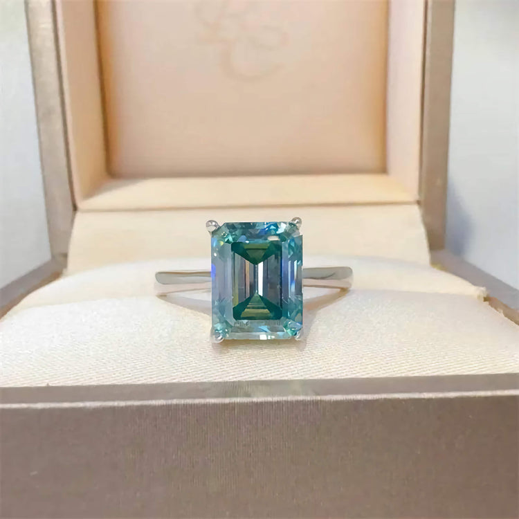 Premierify™ Sovereign Glow ring – emerald-cut moissanite engagement ring set in platinum-plated 925 sterling silver with 4-prong design