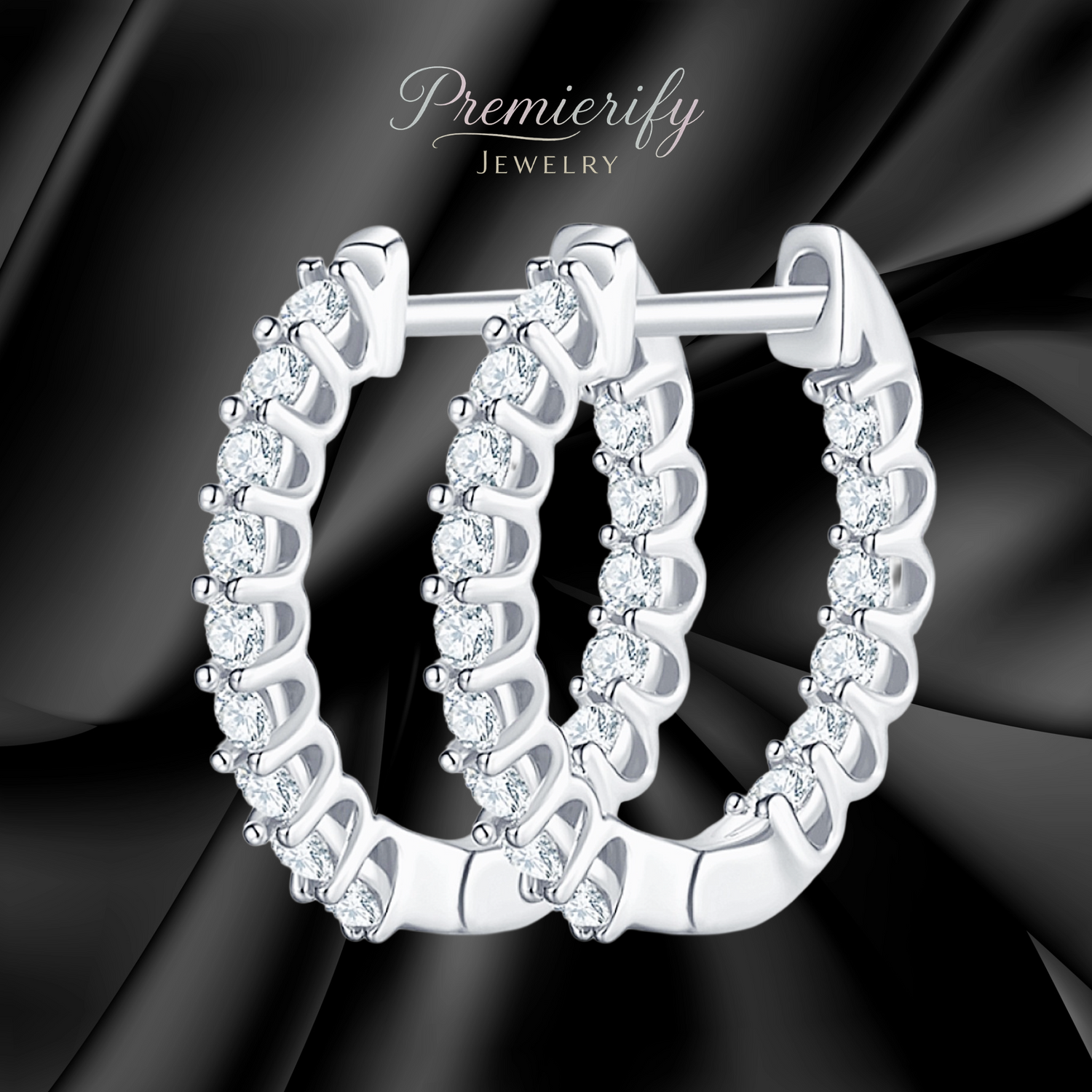 Premierify Jewelry silver moissanite hoop earrings on black background.