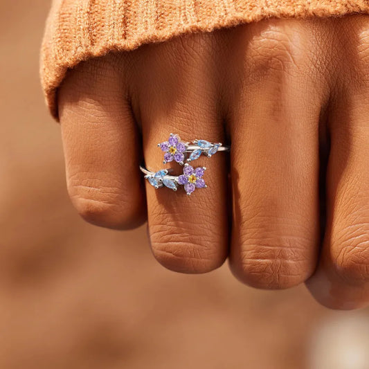 Starlit Petal™ inlaid zircon floral ring in 925 sterling silver