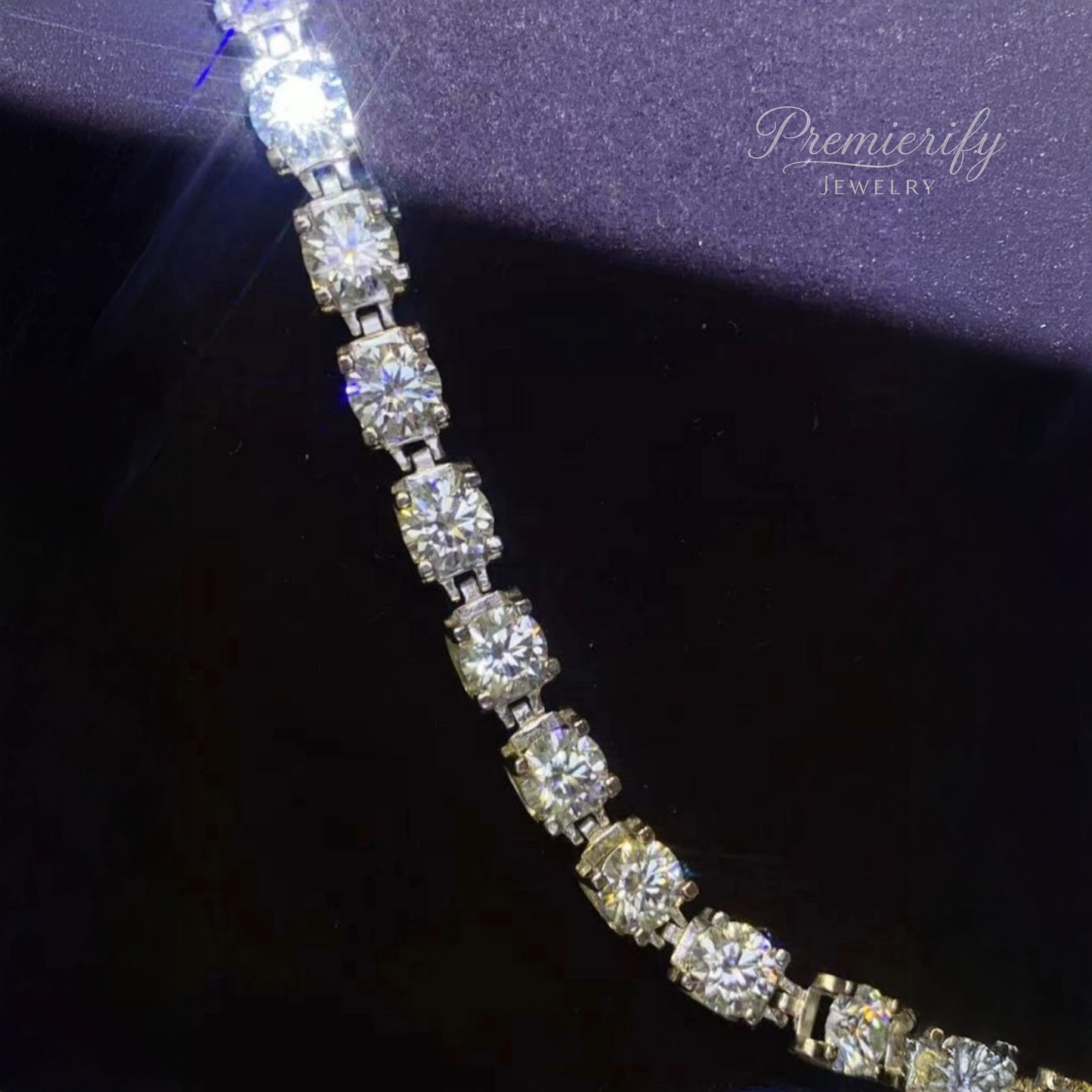 Diamond bracelet on a dark background with 'Premierify Jewelry' branding.