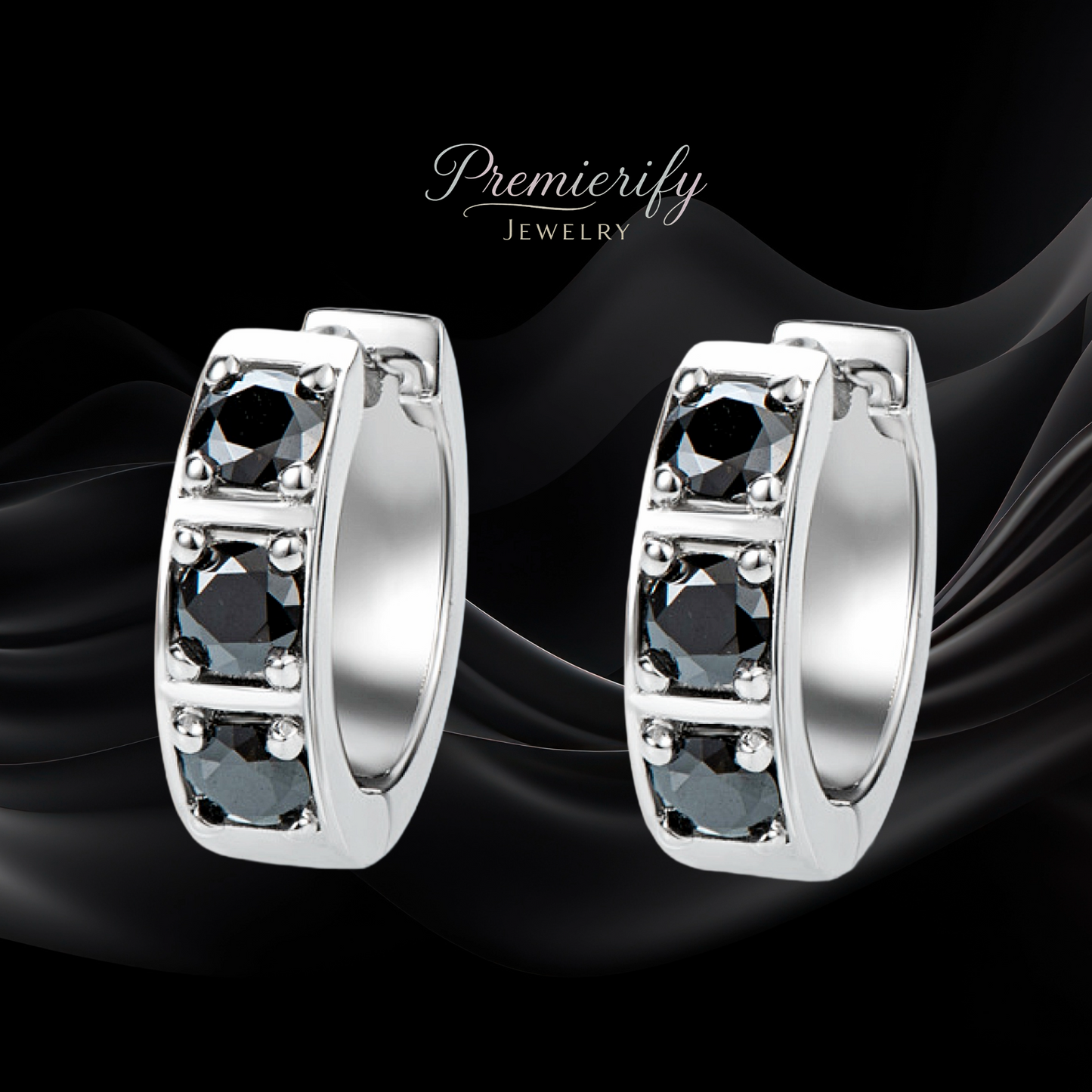 Silver hoop earrings with black gemstones on a black background, branded 'Premierify Jewelry'.