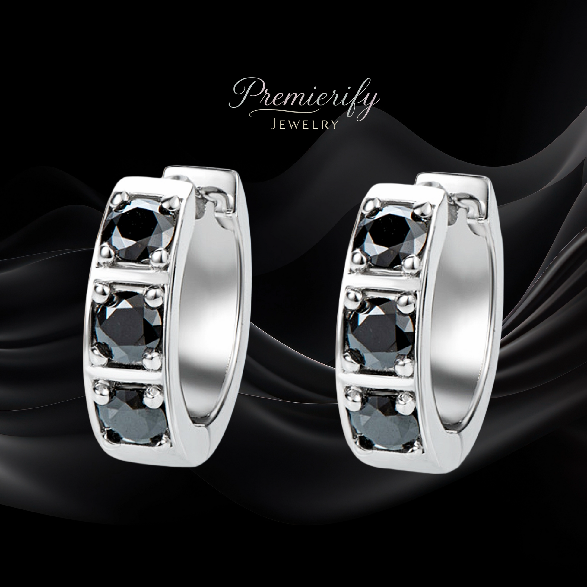 Silver hoop earrings with black gemstones on a black background, branded 'Premierify Jewelry'.