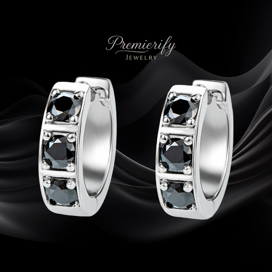 Silver hoop earrings with black gemstones on a black background, branded 'Premierify Jewelry'.