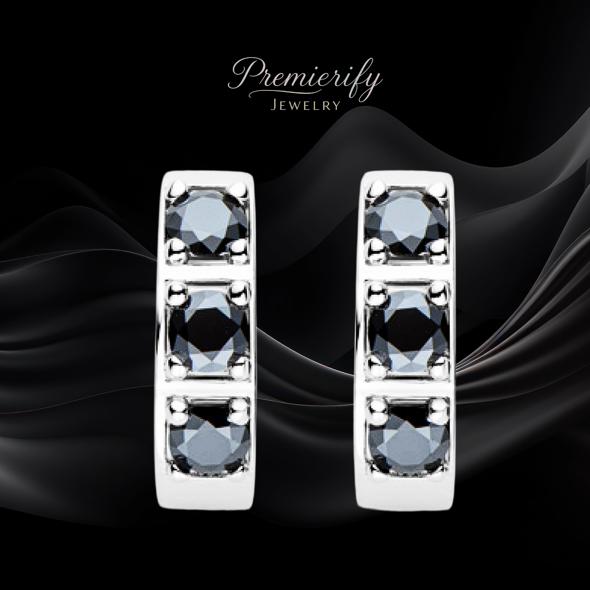 Silver earrings with black gemstones on a black background, featuring the brand 'Premierify Jewelry'.