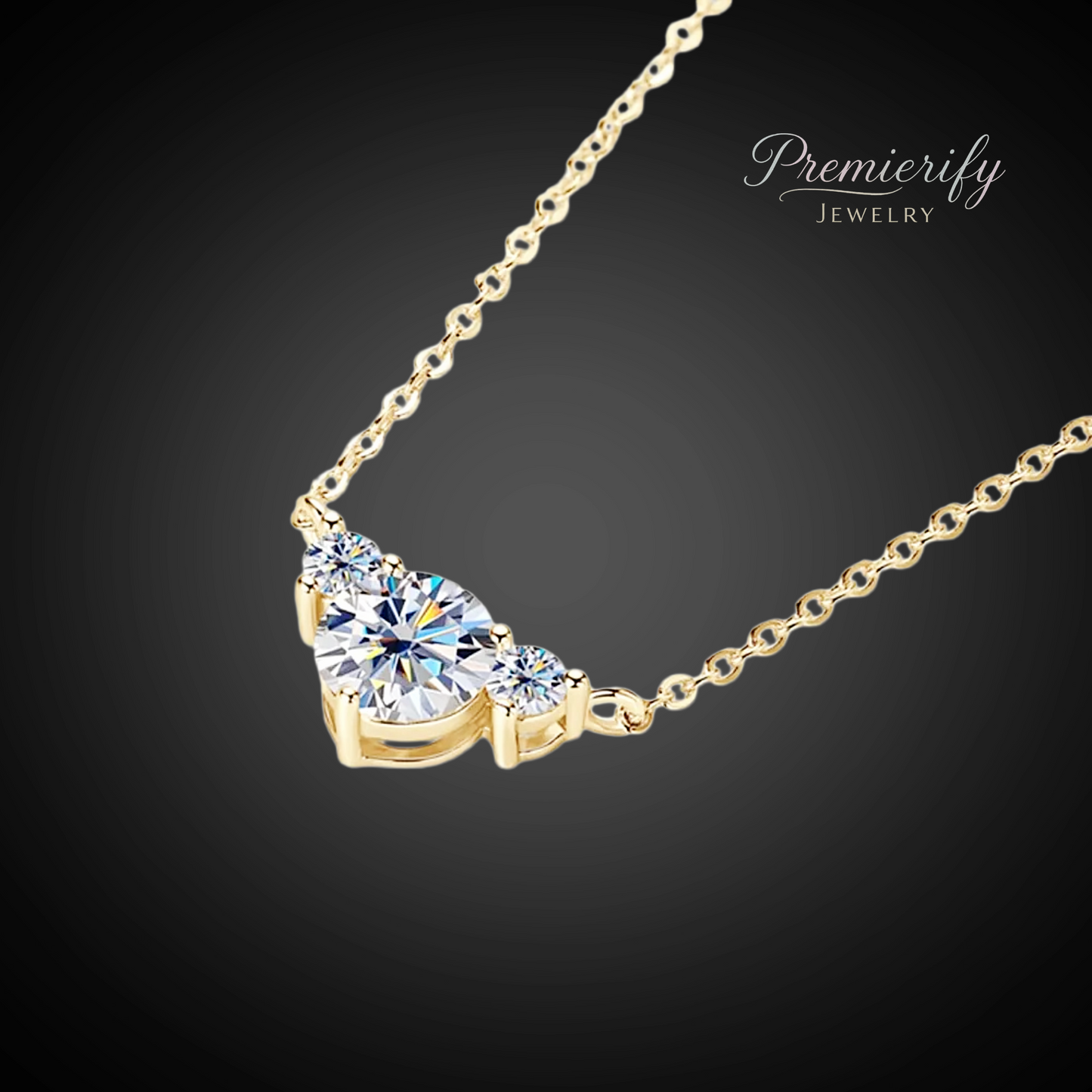 Gold necklace with a diamond pendant on a dark background, branded 'Premierify Jewelry'.