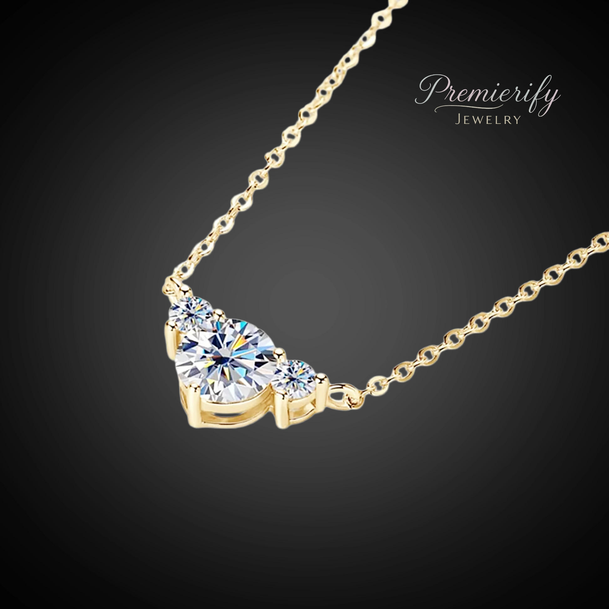 Gold necklace with a diamond pendant on a dark background, branded 'Premierify Jewelry'.