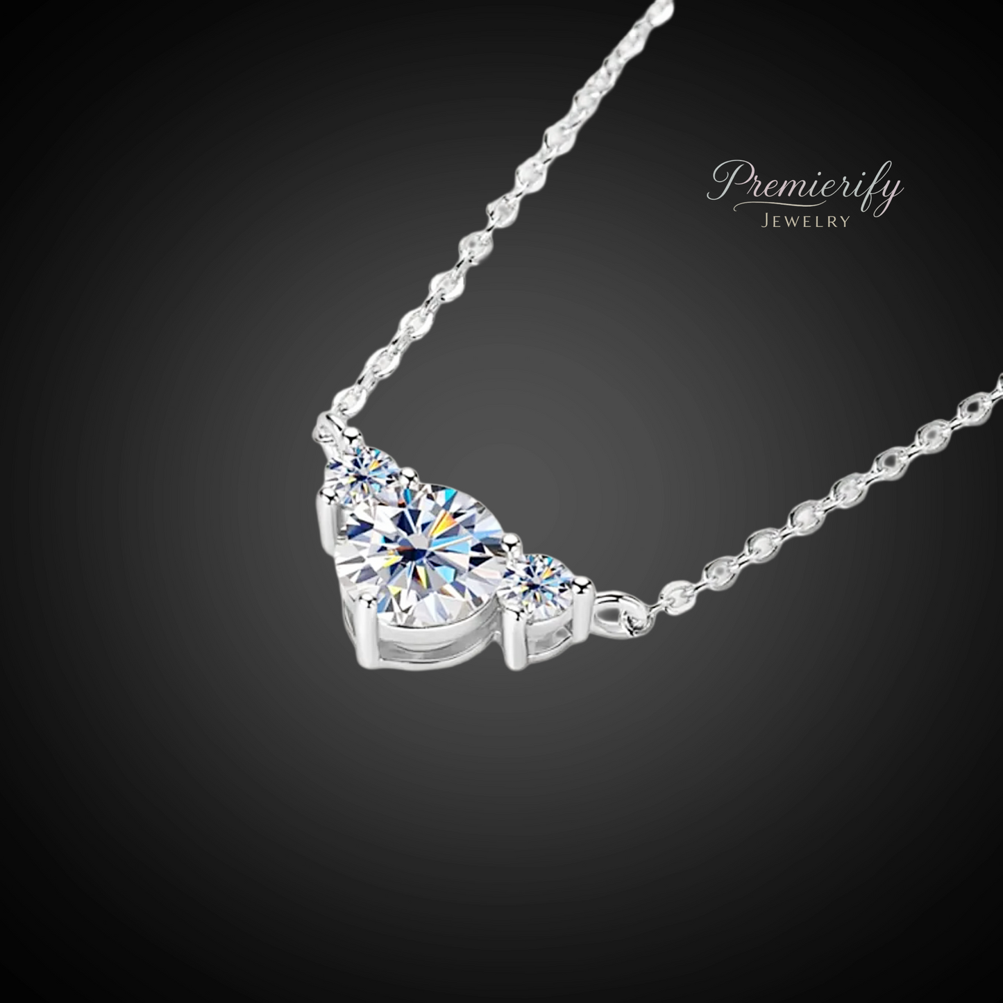 Silver necklace with a diamond pendant on a black background, featuring the 'Premierify Jewelry' brand.