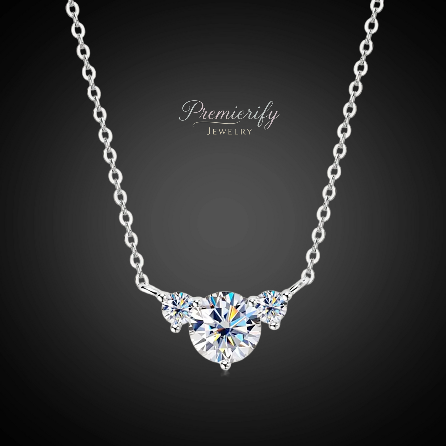 Silver necklace with a heart-shaped diamond pendant on a dark background, featuring the brand 'Premierify Jewelry'.