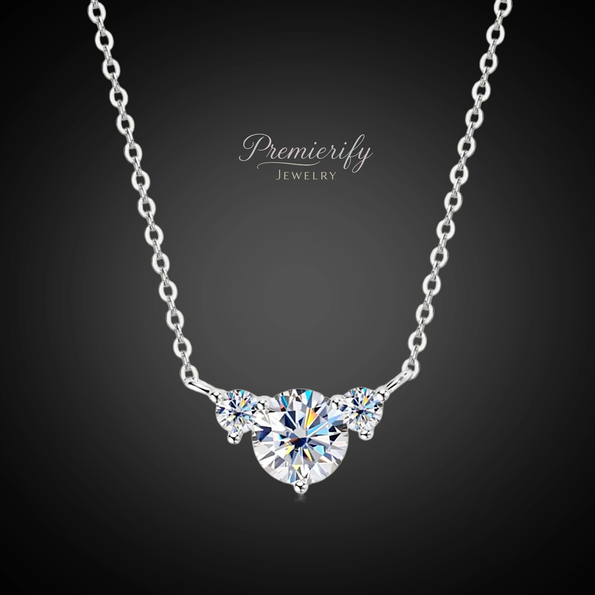 Silver necklace with a heart-shaped diamond pendant on a dark background, featuring the brand 'Premierify Jewelry'.