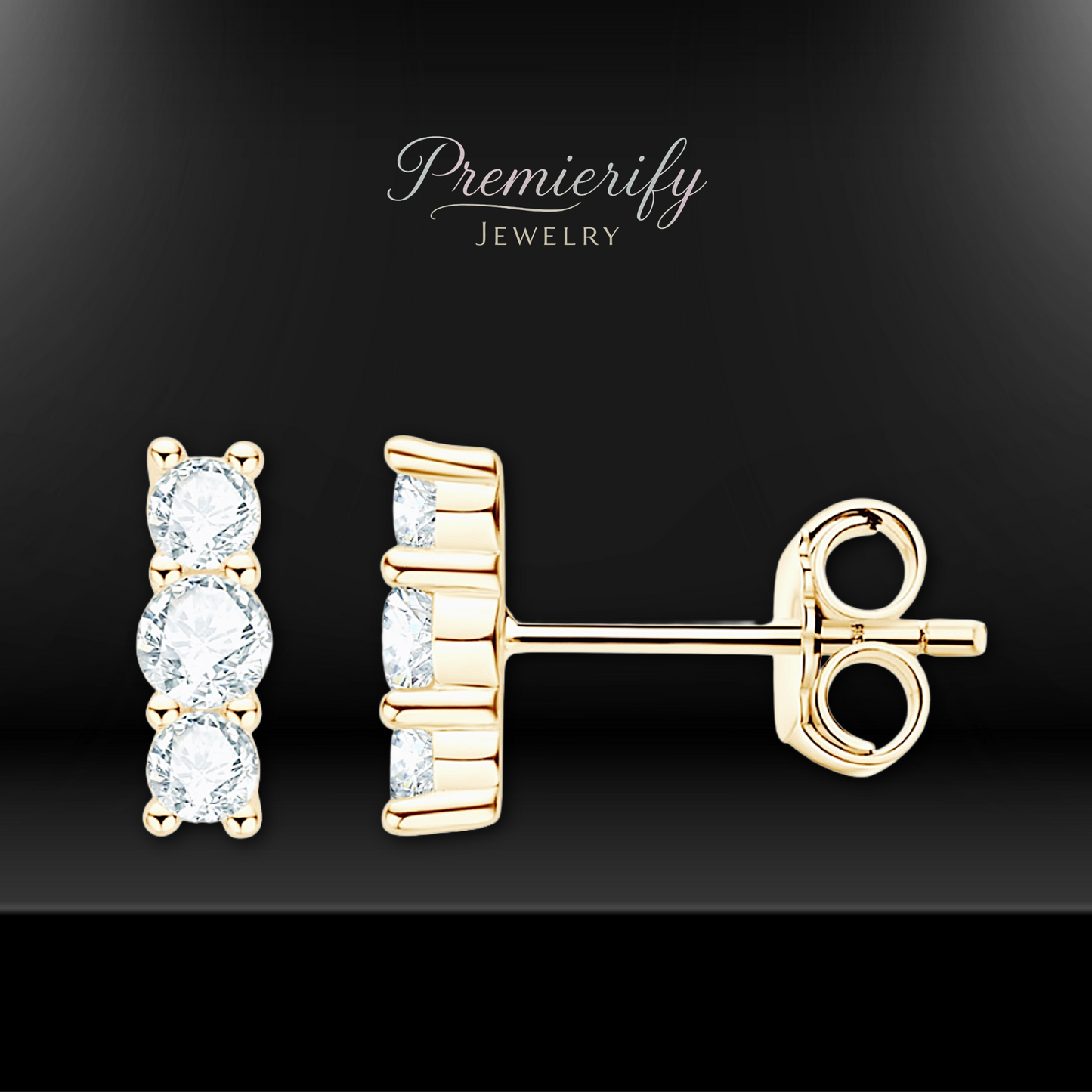 Gold earrings with gemstones on a black background, featuring the brand 'Premierify Jewelry'.
