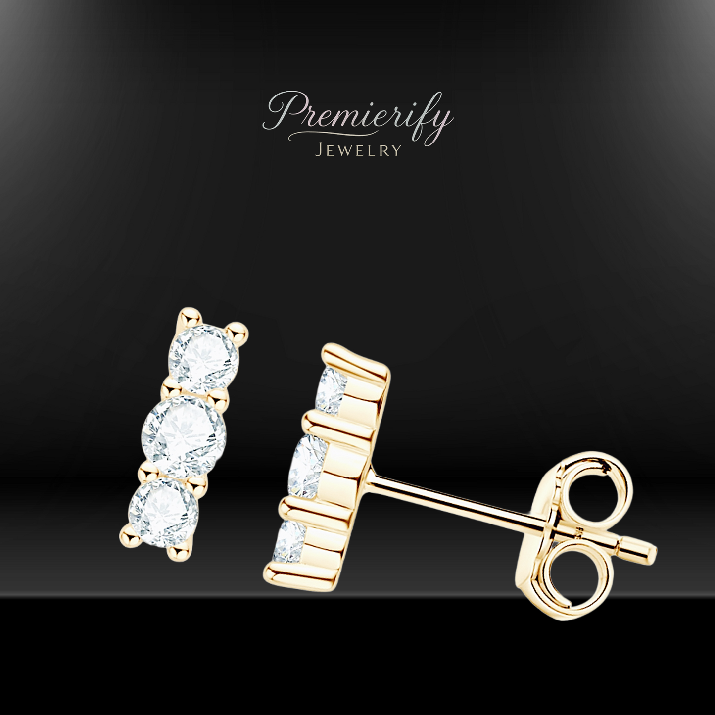 Gold earrings with clear stones on a black background, featuring the 'Premierify Jewelry' brand.