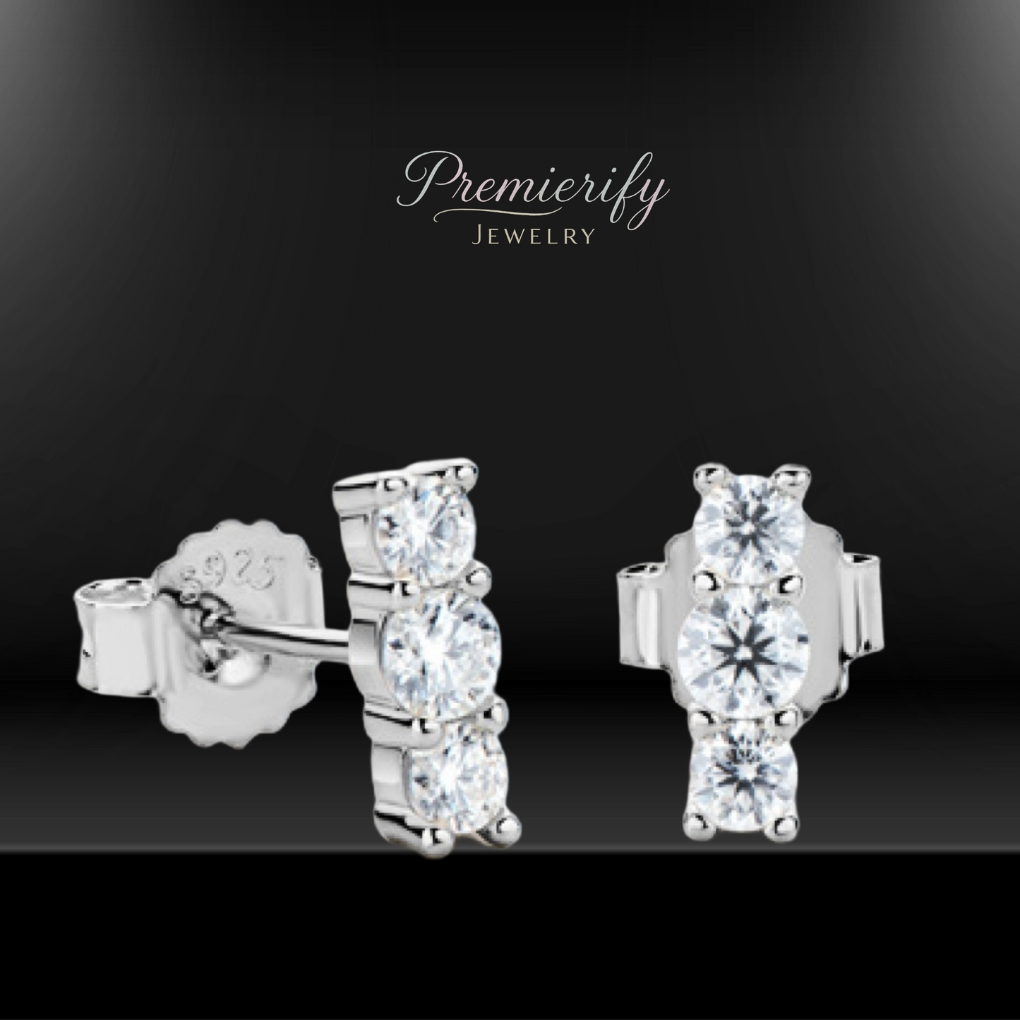 3 Stone Moissanite 925 Sterling Silver Stud Earrings (Gold or Silver)