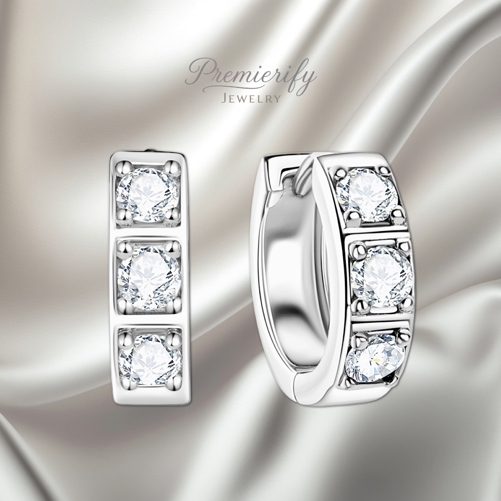 Silver hoop earrings with clear gemstones on a silver background, featuring the 'Premierify Jewelry' brand.