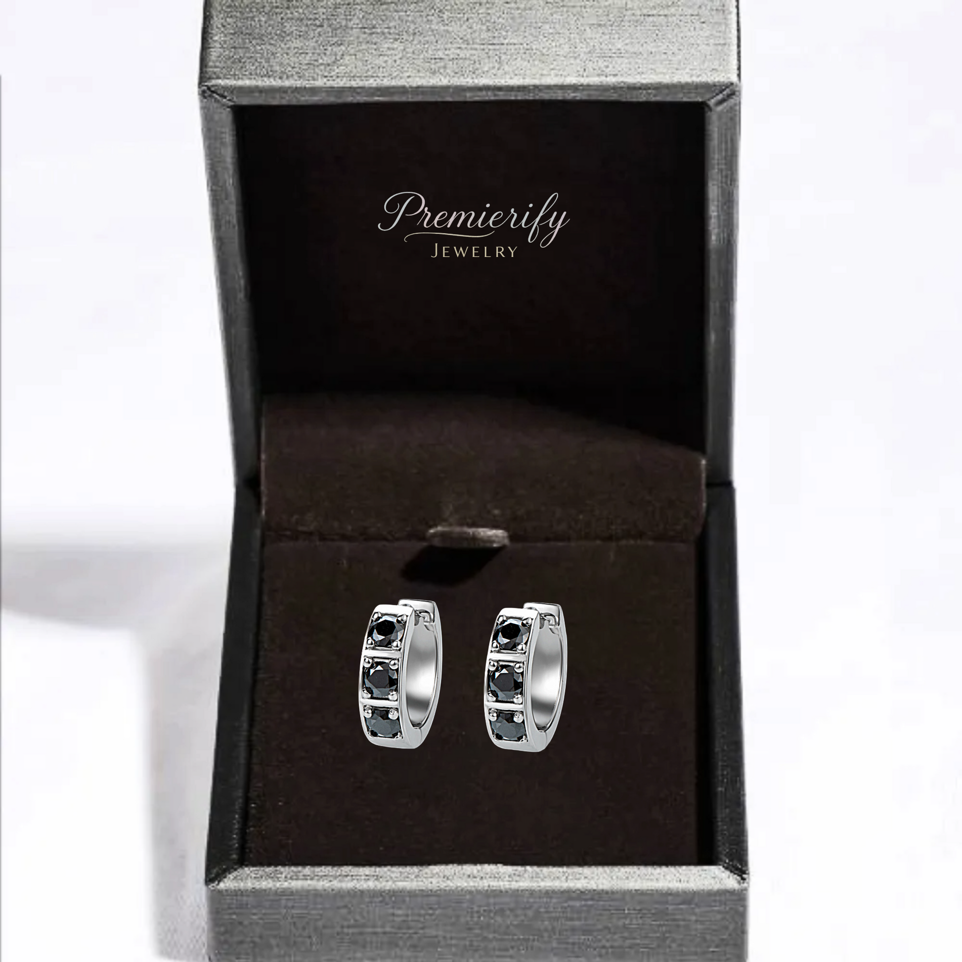 Silver hoop earrings with black stones in a 'Premierify Jewelry' box.