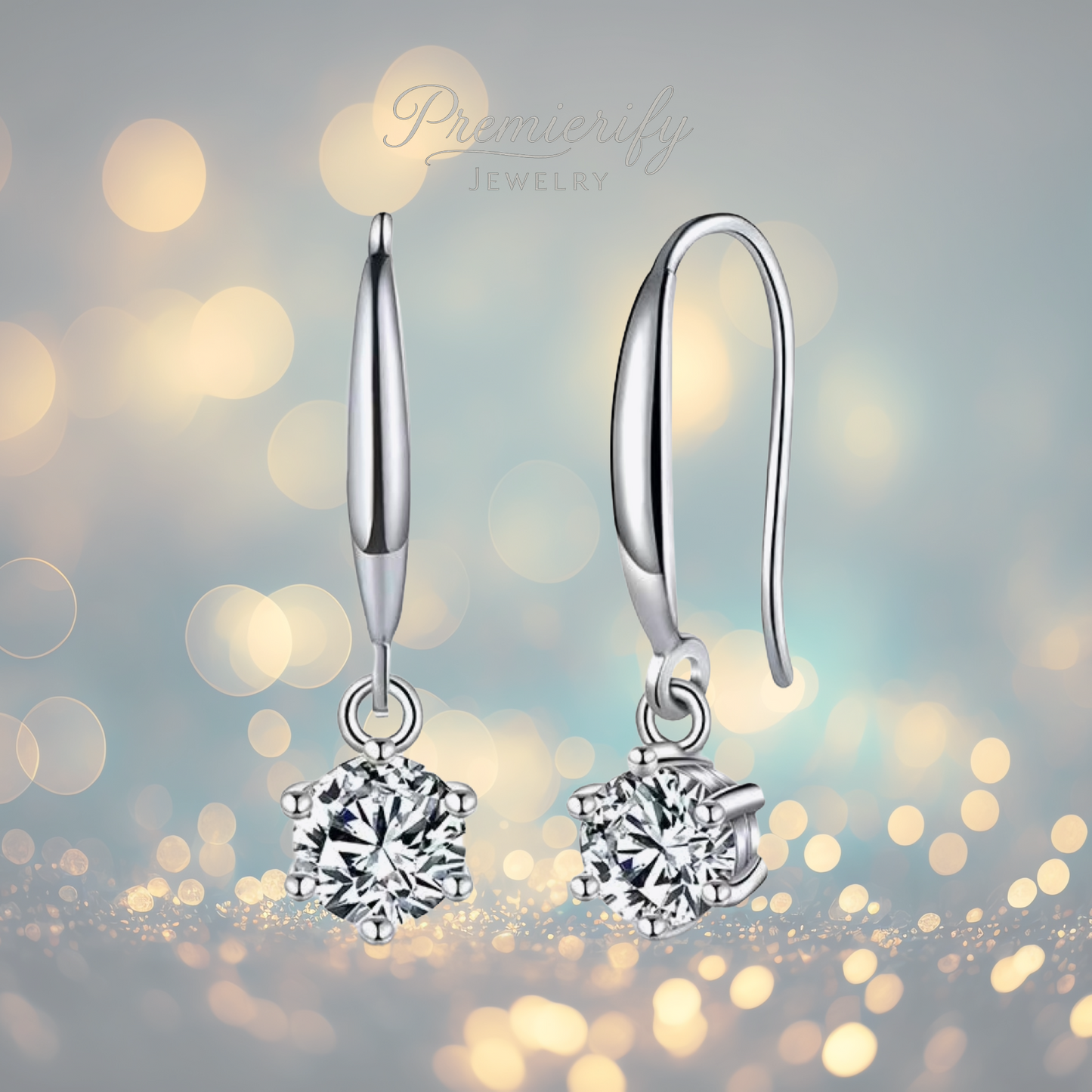 Silver earrings with clear gemstones on a blurred bokeh background, featuring the 'Prominently Jewelry' brand.