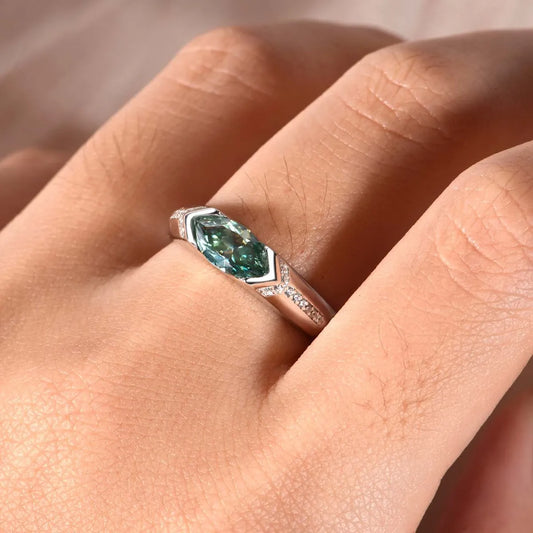 Sylvara™ platinum-plated moissanite engagement ring with certificate, modern east-west setting, luxury fashion jewelry by Premierify™