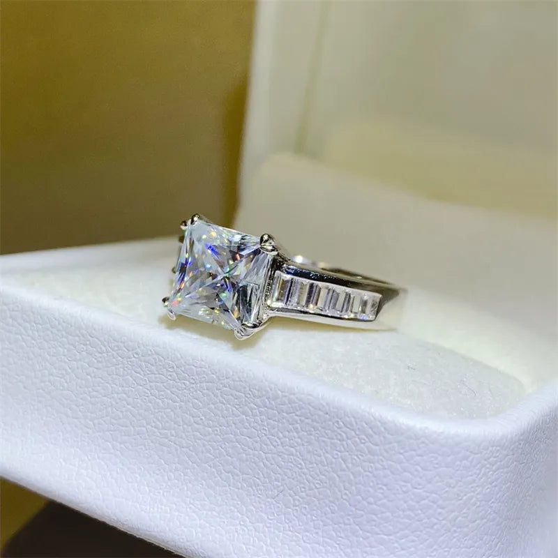 Aveline™ 3 carat princess cut moissanite ring with baguette side stones set in platinum-plated 925 sterling silver