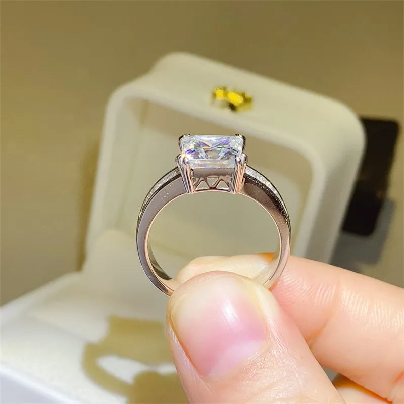 Aveline™ 3 carat princess cut moissanite ring with baguette side stones set in platinum-plated 925 sterling silver