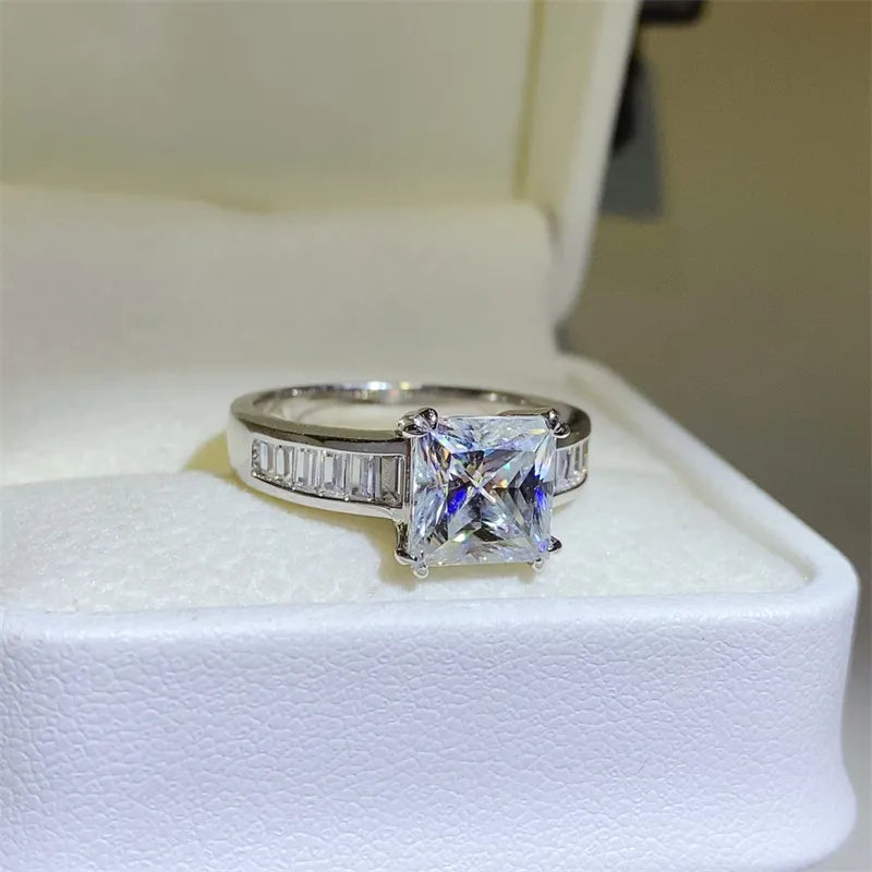 Aveline™ 3 carat princess cut moissanite ring with baguette side stones set in platinum-plated 925 sterling silver
