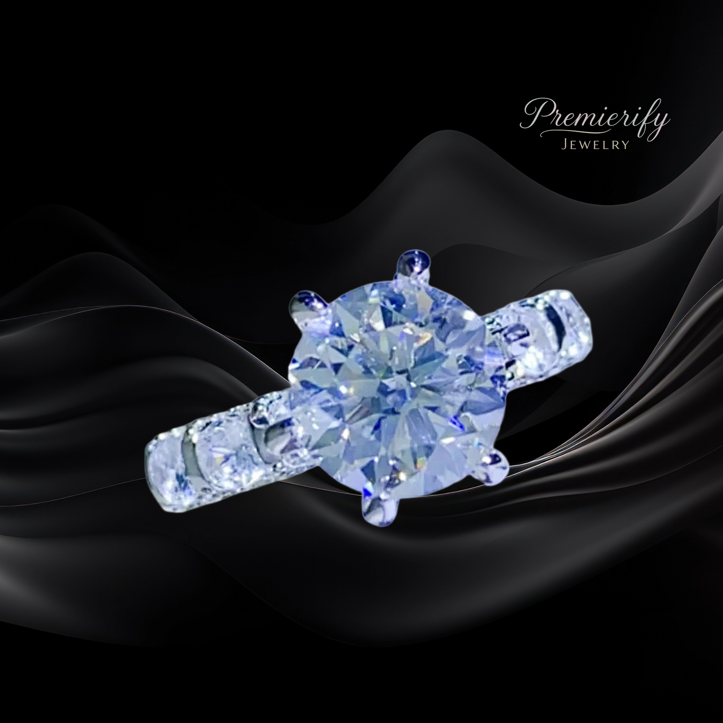 Diamond ring on black fabric with 'Premierify Jewelry' branding