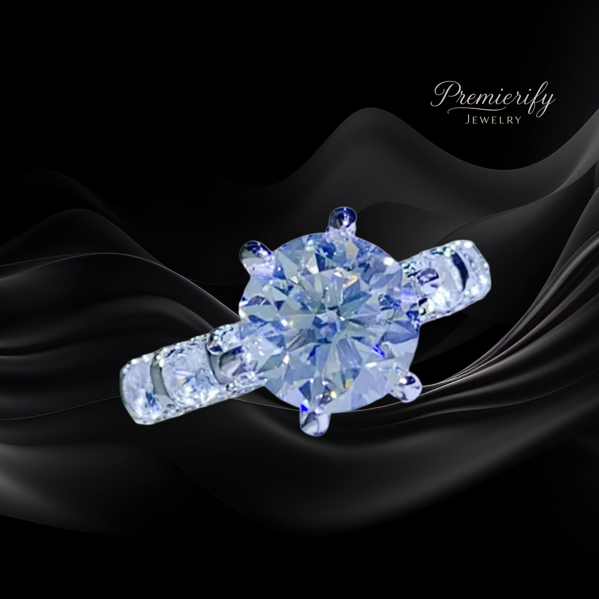 Diamond ring on black fabric with 'Premierify Jewelry' branding