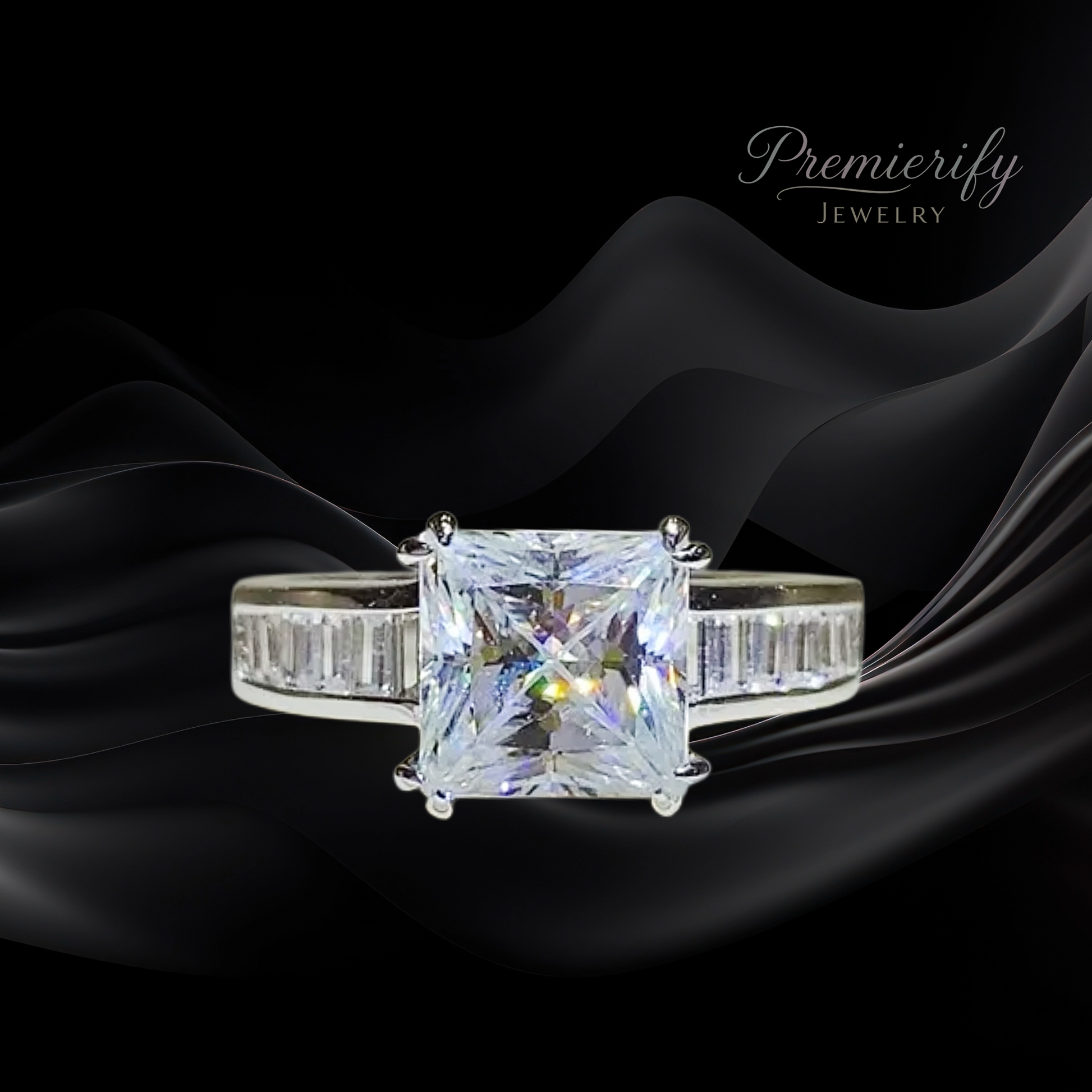 Diamond ring with a large central gemstone on a black fabric background, featuring the brand 'Premierify Jewelry'.
