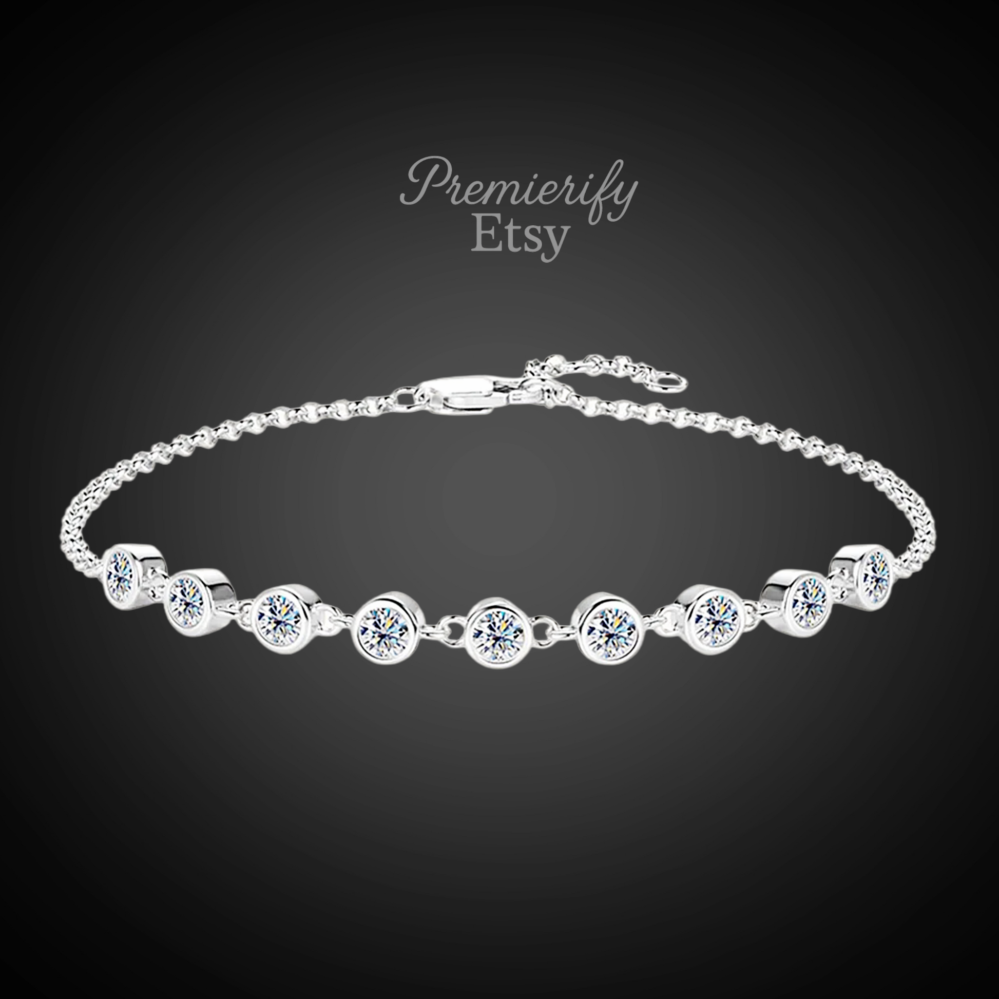 Silver bracelet with clear stones on a dark background, branded 'Premierify Etsy'.