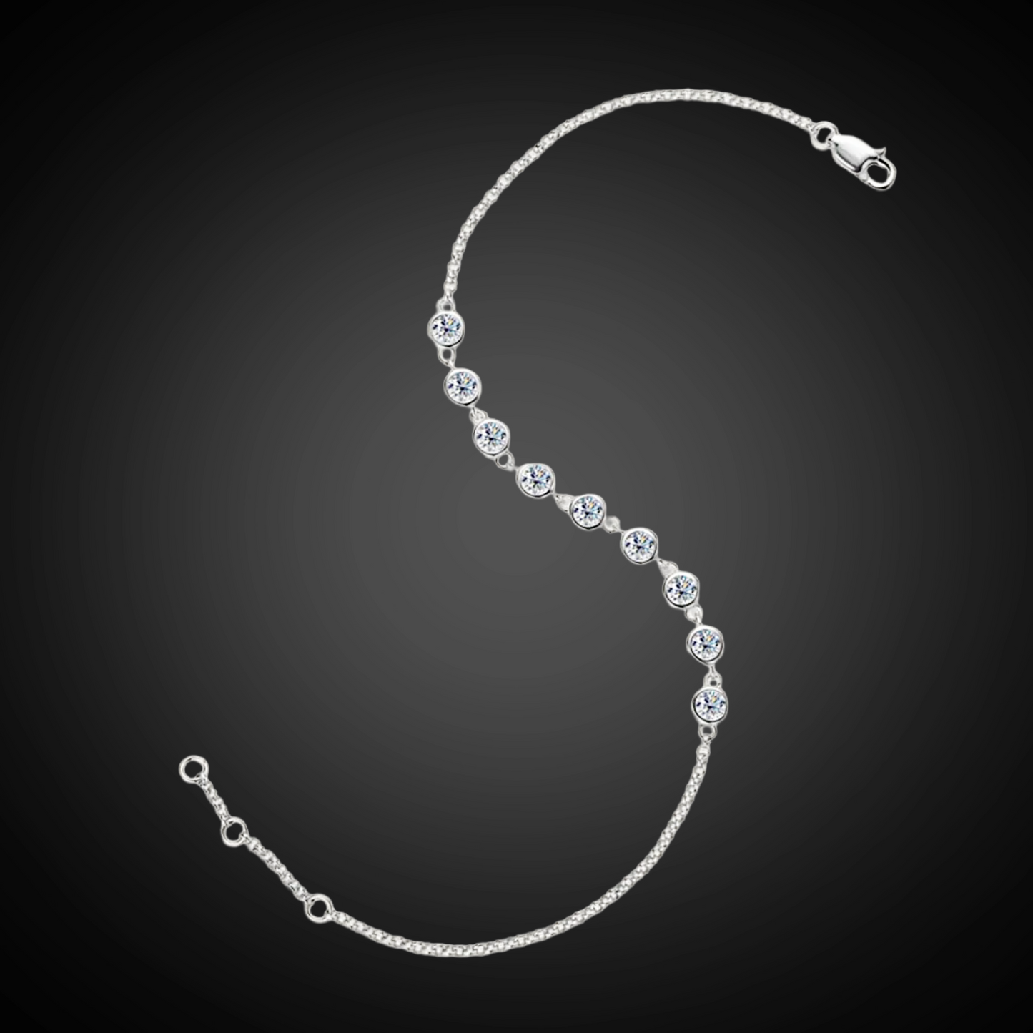 Silver bracelet with clear stones on a dark background