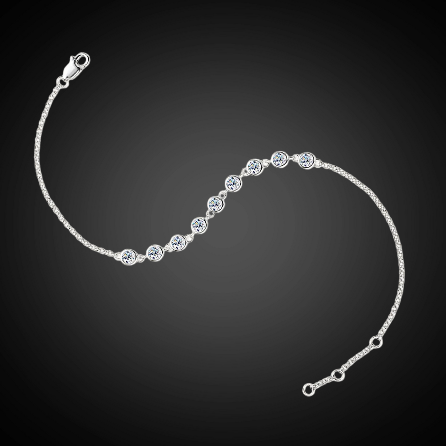 Silver bracelet with clear stones on a dark background