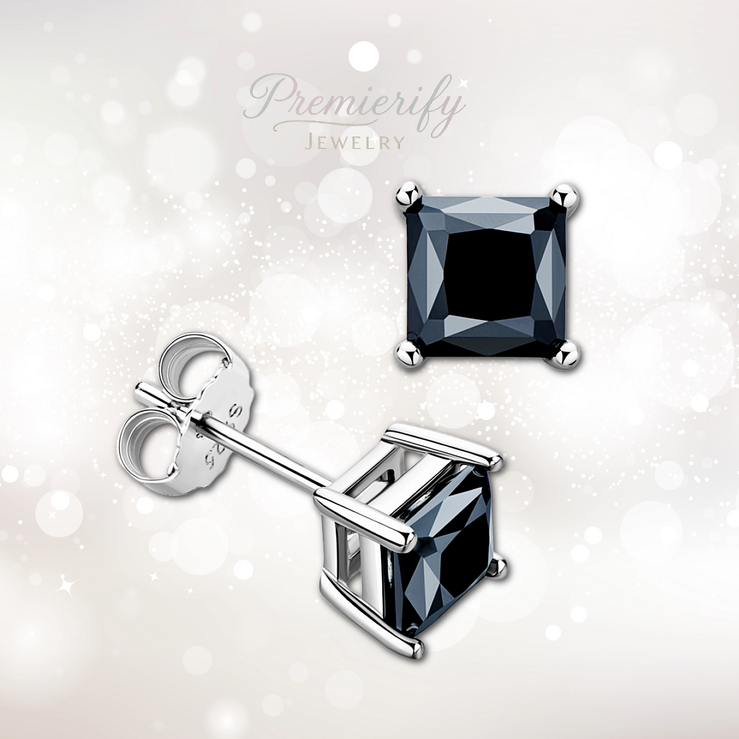 Pair of silver square-cut gemstone earrings on a light background with 'Premierify Jewelry' branding.