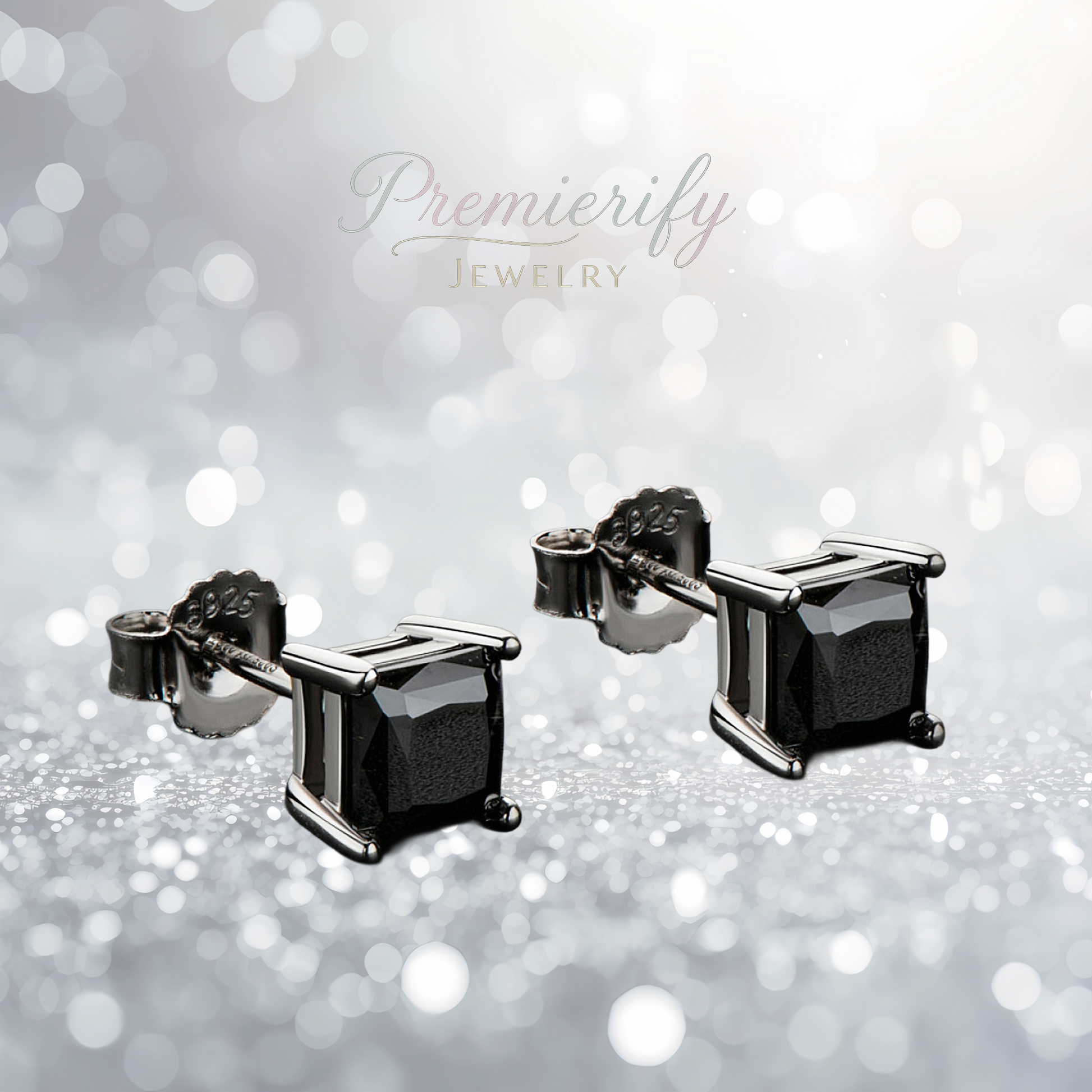 Black square stud earrings on a silver glitter background with 'Premierify Jewelry' branding.