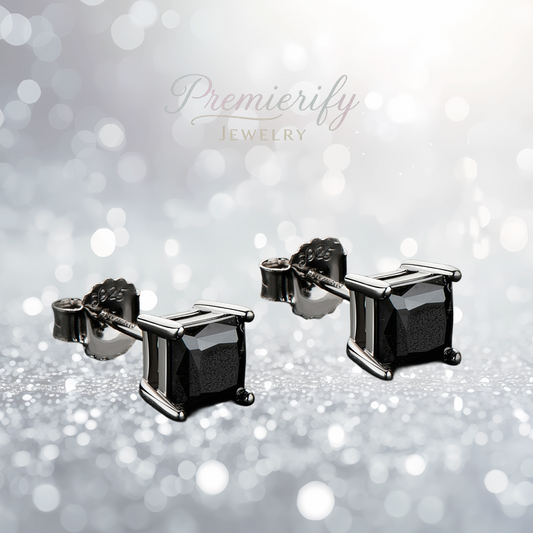 Black square stud earrings on a silver glitter background with 'Premierify Jewelry' branding.