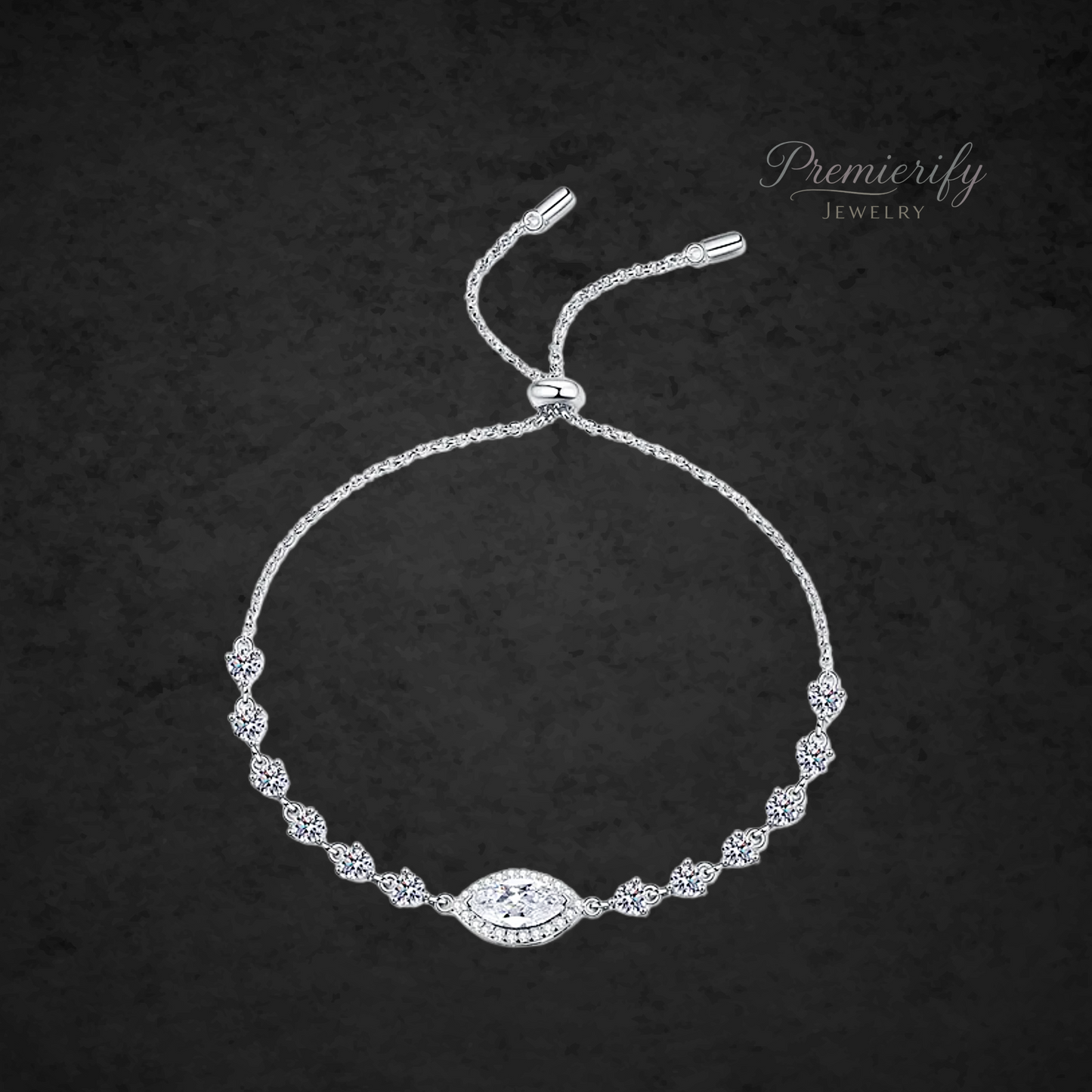 Silver bracelet with decorative elements on a dark background, featuring the brand 'Premierify Jewelry'.