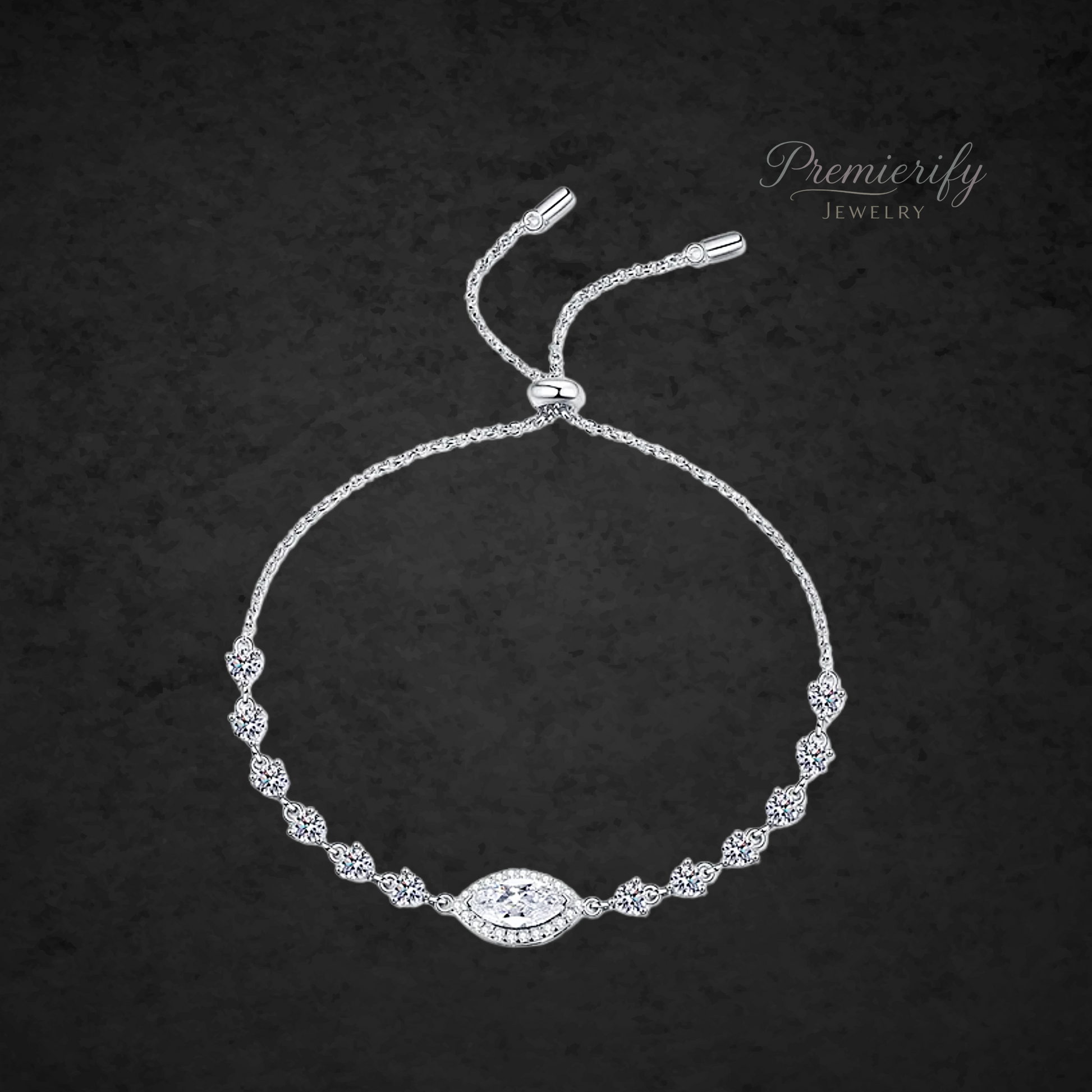 Silver bracelet with decorative elements on a dark background, featuring the brand 'Premierify Jewelry'.