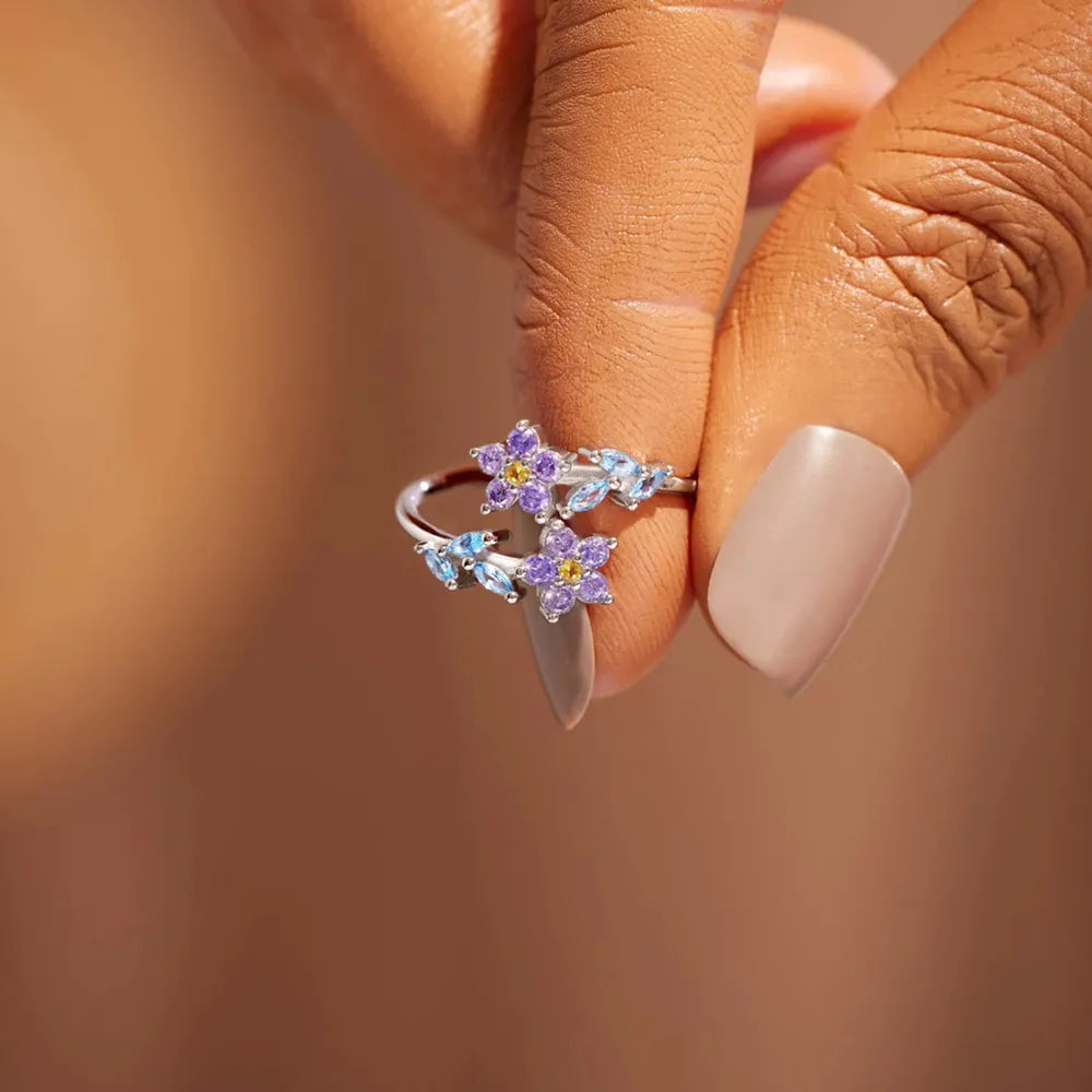 Starlit Petal™ inlaid zircon floral ring in 925 sterling silver