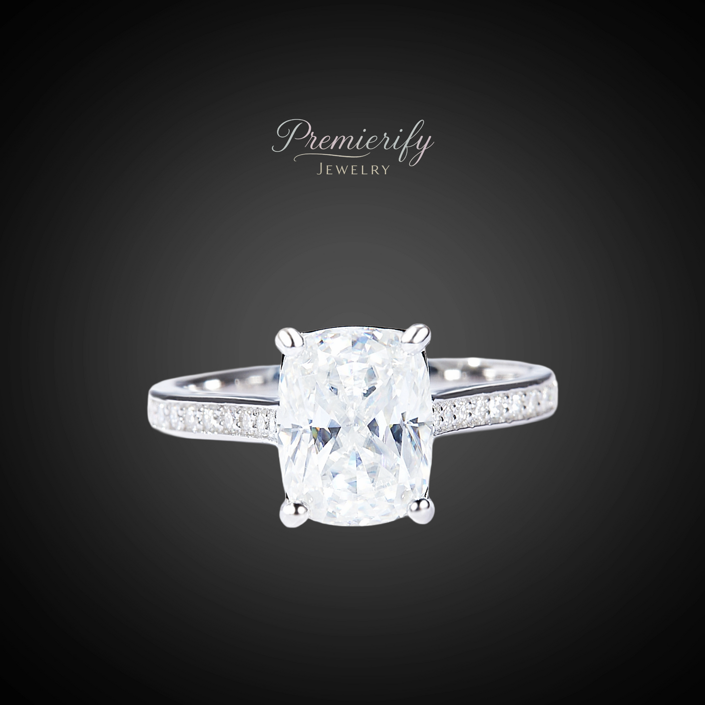 Diamond ring with a dark background and 'Premierify Jewelry' branding.